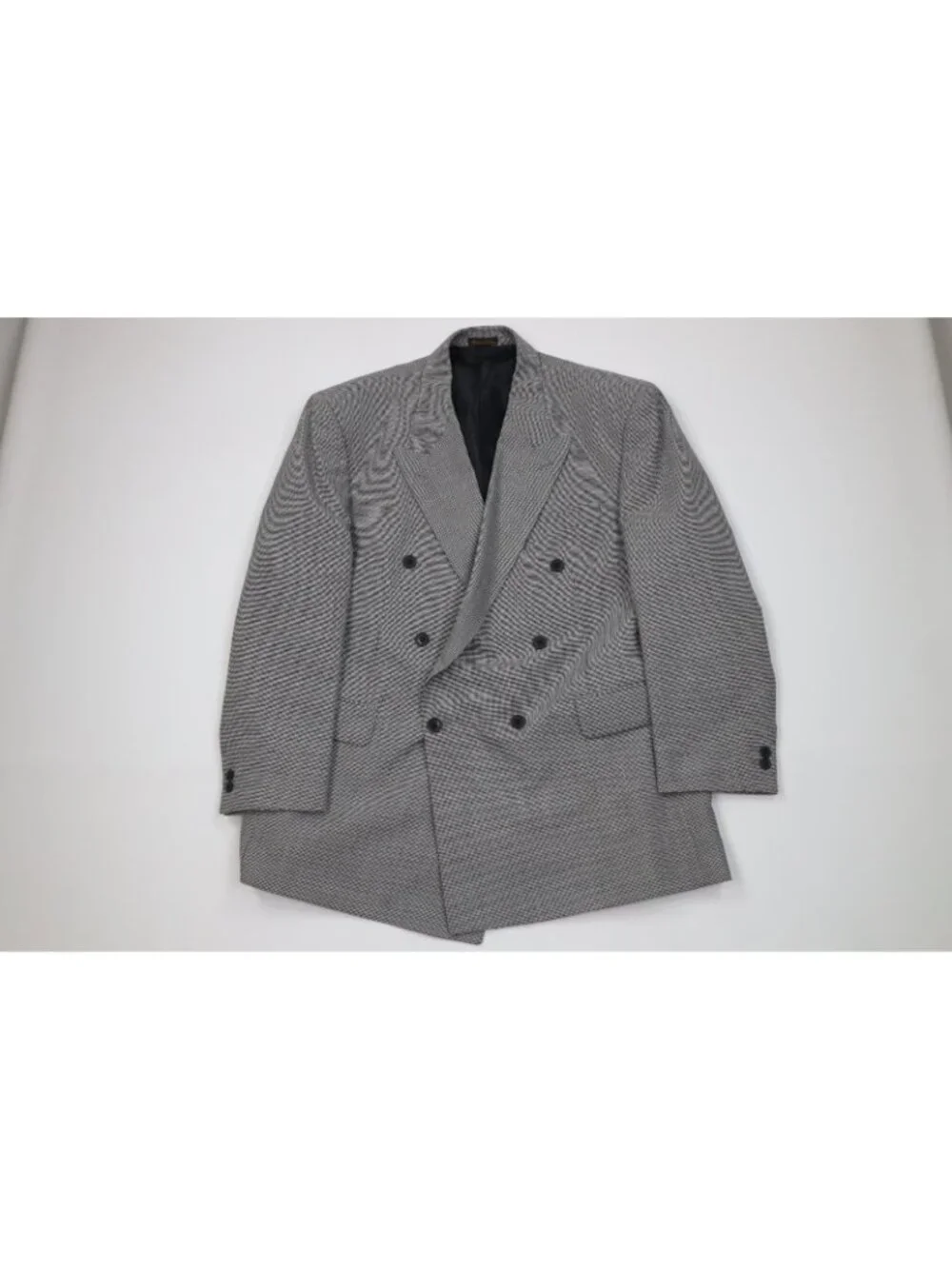 Vtg 90s Mens 46R 2 Piece Wool Blend Houndstooth Double Breasted Suit 40x30 Gray